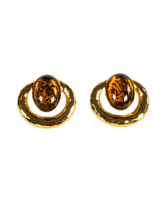 復古 HAMMERED 琥珀耳環-耳夾式 | VINTAGE HAMMERED AMBER CABOCHON CLIP ONS