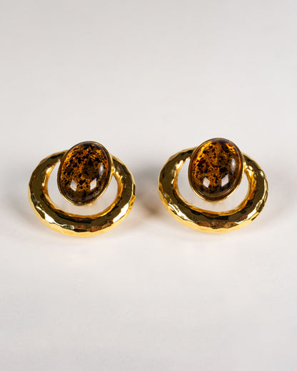 復古 HAMMERED 琥珀耳環-耳夾式 | VINTAGE HAMMERED AMBER CABOCHON CLIP ONS