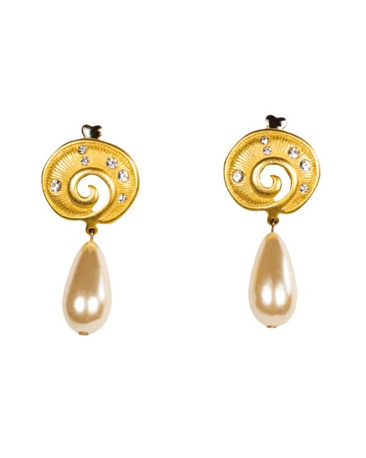 復古啞光珍珠垂墜耳環-耳針式 | VINTAGE MATTE GOLD PEARL DROP EARRINGS