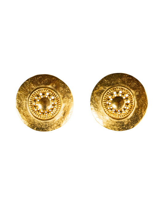 復古伊特魯里亞圓盤耳環-耳夾式 | VINTAGE MATTE GOLD ETRUSCAN DISC CLIP ONS