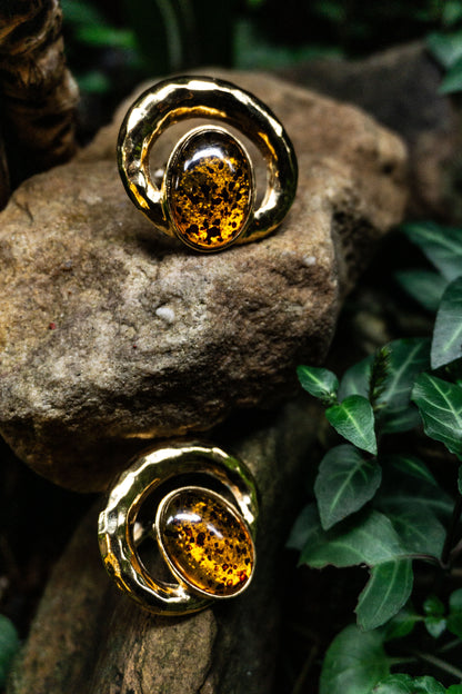 復古 HAMMERED 琥珀耳環-耳夾式 | VINTAGE HAMMERED AMBER CABOCHON CLIP ONS