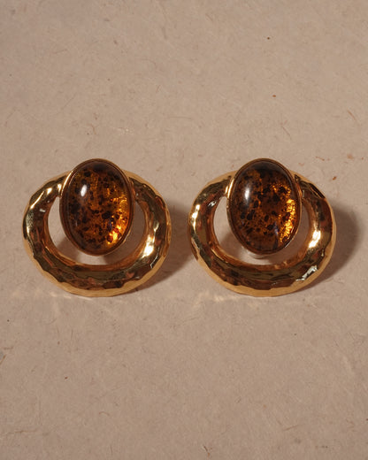 復古 HAMMERED 琥珀耳環-耳夾式 | VINTAGE HAMMERED AMBER CABOCHON CLIP ONS